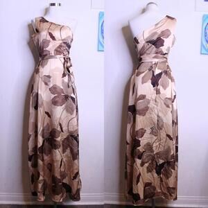 Nicole Miller Tan Brown Floral One Shoulder Maxi Satin Dress - 2